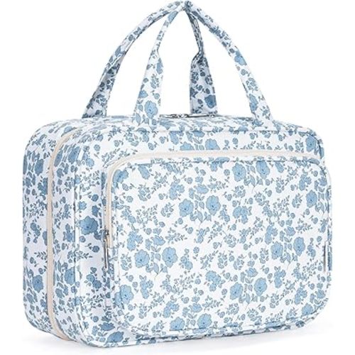 Narwey Travel Toiletry Bag for Women Large Hanging Makeup Bag Organizer Toiletries Bag for Full Size Essentials Accessories Cosmetics (Little Blue Flower (Large))