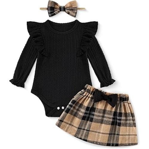 Weixinbuy Baby Girl Fall Clothes Outfits Newborn Infant Long Sleeve Romper Plaid Skirt with Headband 0-18Months Dress Set