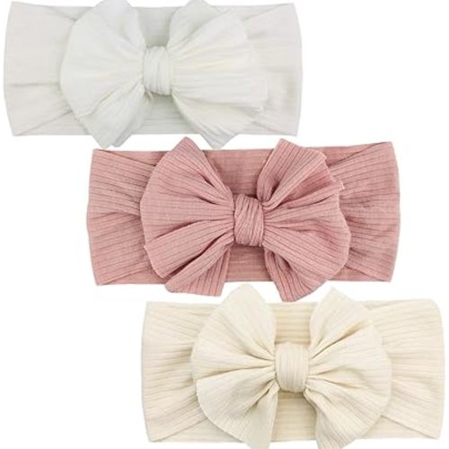 Hjiaruiky Baby Headbands Baby Girls Bows Headband Newborn Bow Handmade Soft Headbands with Bows Hairbands for Infant Toddler Black White Pink (WHITE+BEIGE+PINK)