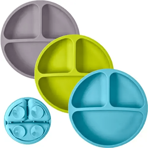 WeeSprout Suction Plates for Babies & Toddlers | 100% Silicone | Plates Stay Put with Suction Feature | Divided Design | Microwave & Dishwasher Safe | 3 Pack - Bright Green, Blue & Grey - Without Lids
