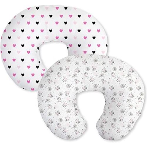 Little Grape Land Nursing Pillow Cover for Baby Girl, 2 Pack Soft Removable Breast Feeding Pillow Cover, 100% Cotton Nursing Pillow Cases Fit Standard Nursing Pillow(Sweet Hearts & Cute Cow)