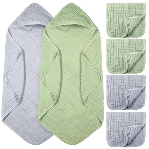 VitalCozy 6 Pcs Baby Muslin Hooded Bath Towels and Washcloths, 32 x 32 Inch Muslin Cotton Hooded Baby Towels Absorbent Blankets for Gift Newborn Infant Shower(Light Blue, Light Green)