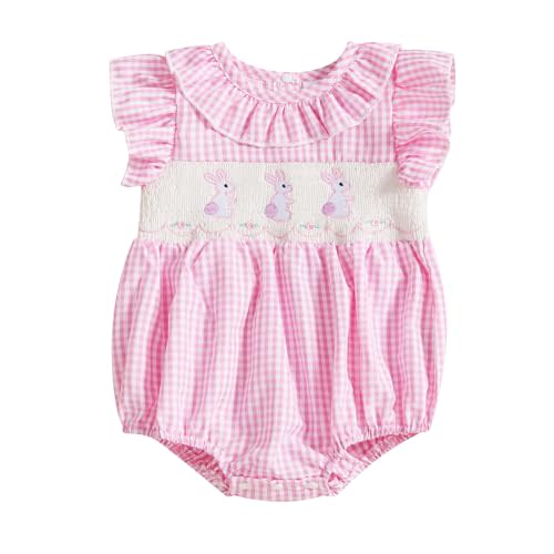 Filgriox Newborn Baby Girl Smocked Romper Embroidery Peter Pan Collar Ruffle Sleeve Bubble Bodysuit Summer Outfit