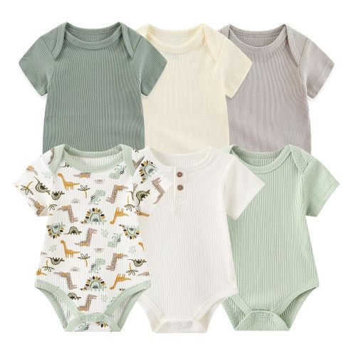 Baby Bodysuit 6 Pack Soft Mixed Ribbed Short Sleeve Romper Infant Boy Girl Clothes Set