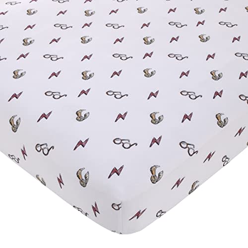 Sundeer Warner Brothers Harry Potter White, Red, and Gold Lightning Bolt, Golden Snitch, and Glasses Nursery Fitted Crib Sheet