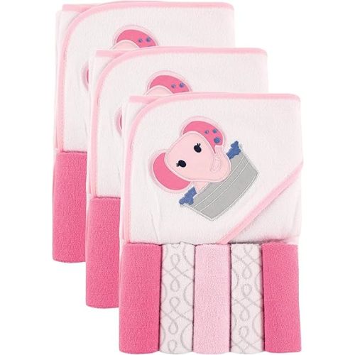 Luvable Friends Unisex Baby Hooded Towel with Five Washcloths, Pink Elephant, One Size (Pack of 3)