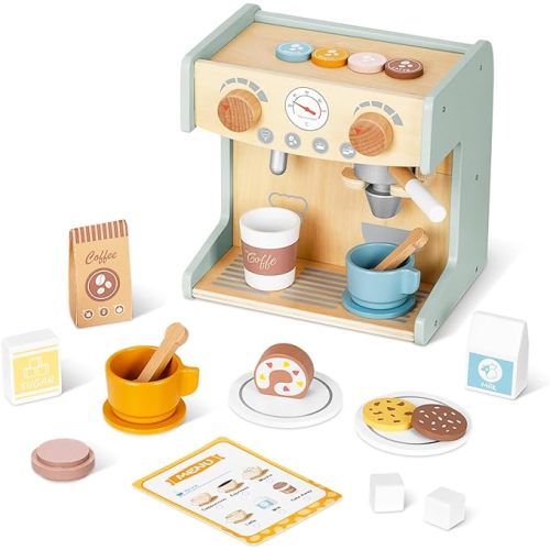 2-in-1 Toy Coffee Maker, Kids Wooden Coffee Maker Playset, Toddler Pretend Play Kitchen Food Small Coffee Shop with 28 Pcs Play Kitchen Accessories for Girls & Boys