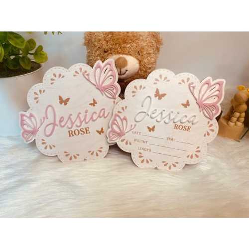 Personalized Baby Girl Name Sign With Butterfly, Baby Announcement Sign for Hospital, Wooden Baby Name Sign, Birth Announcement Sign