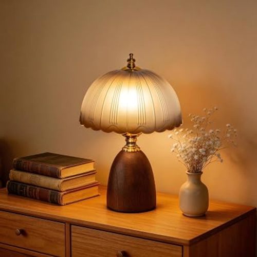 13“ Mid-Century Modern Amber Small Table Lamp, Vintage Scalloped Gradient Glass Bedside Lamp for Bedroom Living Room, Solid Walnut Wood Style Base 3-Color Dimmable LED, Aesthetic Decor Gift