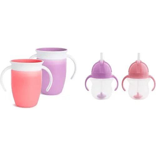 Munchkin® Miracle® 360 Trainer Sippy Cup with Handles, Spill Proof, 7 Ounce, 2 Pack, Pink/Purple & Any Angle™ Weighted Straw Trainer Cup with Click Lock™ Lid, 7 Ounce, 2 Pack, Pink/Purple