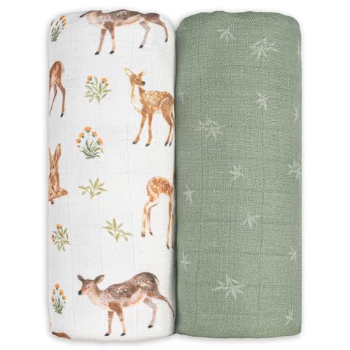 GLLQUEN BABY Muslin Swaddle Blankets Breathable Receiving Blankets (35" x 40") 2-Pack Soft Baby Blankets for Girls and Boys Newborn Essentials Muslin Burp Cloths Swaddle Wrap Baby Gift(Deerling)