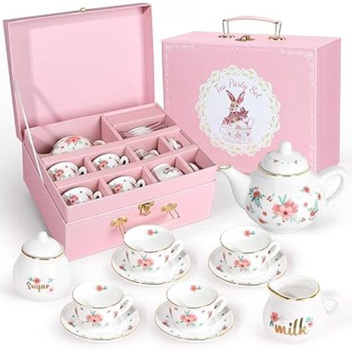 Porcelain Tea Set for Girls, Tea Party Set for Little Girls, Kids Tea Set Kitchen Pretend Play, Princess Tea Time Playset with Teapot Cups Carry Case, Toddler Girl Toys Birthday Gifts Age 3+