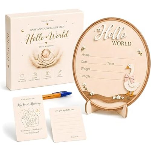 Baby Announcement Sign – Hello World Newborn Sign in 3D Wood with Sweet Pink Goose Detail for Hospital Photos, Nursery Décor & Baby’s First Precious Moments
