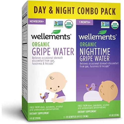 Wellements Organic Day Nighttime Gripe Water Combo Pack, Relieves Stomach Discomfort from Gas, Fussiness, & Hiccups for Baby 1 Months+, Free from Dyes, Parabens, Preservatives, 4 Fl Oz (Pack of 2)