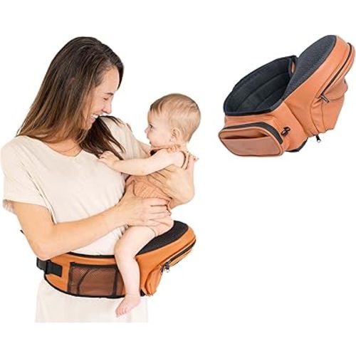Baby Hip Carrier Seat - Vegan Leather Baby Carrier Newborn to Toddlers - Extra Comfortable CPC Certified Infant Baby Hip Carrier | Ergonomic Breathable Baby Hip Holder with Non-Slip Seat (Camel)