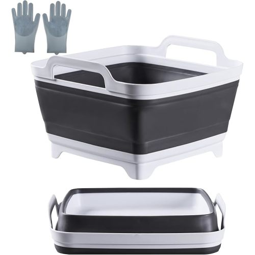 10L Collapsible Wash Basin with Drain Plug (2.6 Gal) – Foldable Portable Sink for Camping, RV, Vegetable Washing – Multi-Use Dish Pan, Ice Beverage Tub, Gray – Pair of Silicone Gloves for Free