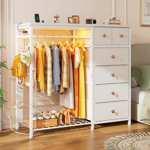 EnHomee Dresser with Clothes Rack White Dresser for Bedroom Dresser with 6 Fabric Drawers & LED Charging Station Wardrobe Cabinet with Hanging Rod
