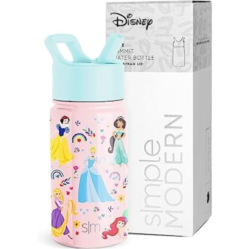 Simple Modern Disney Princesses Kids Water Bottle with Straw Lid | Reusable Insulated Stainless Steel Cup for Girls, School | Summit Collection | 14oz, Princess Rainbows