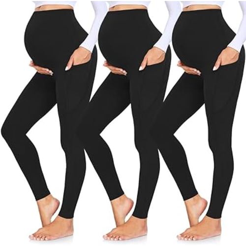 GROTEEN 3 Pack Women's Maternity Leggings with Pockets Over The Belly Workout Yoga Pregnancy Pants