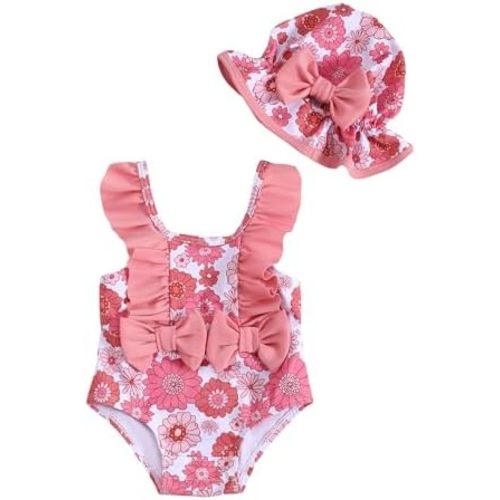 NZRVAWS Infant Baby Girl Swimsuit One Piece Toddler Girl Bathing Suit with Hat Ruffled Bikini Girls Swimwear 0-24 Months