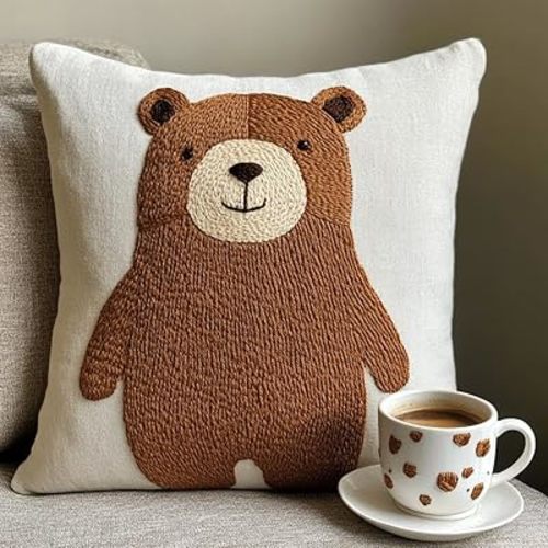 DIY Punch Needle Pillow Kit Brown Bear in Flowers with Pattern and Hoop Handmade Embroidery Punch Needle Starter Pillowcase Set for Home Sofa Decor 43x43cm-1-5