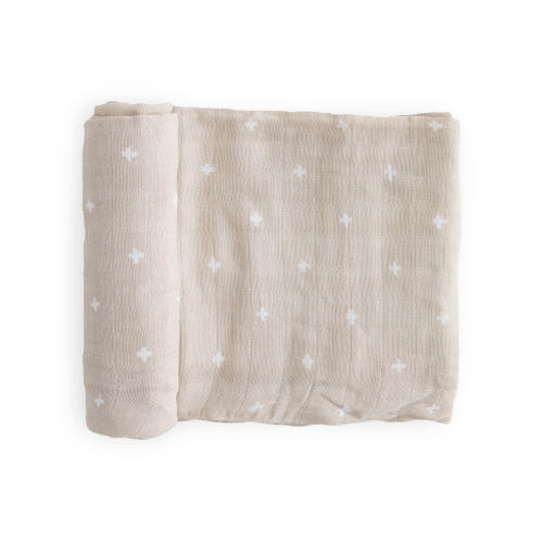 Cotton Muslin Swaddle Blanket - Taupe Cross
