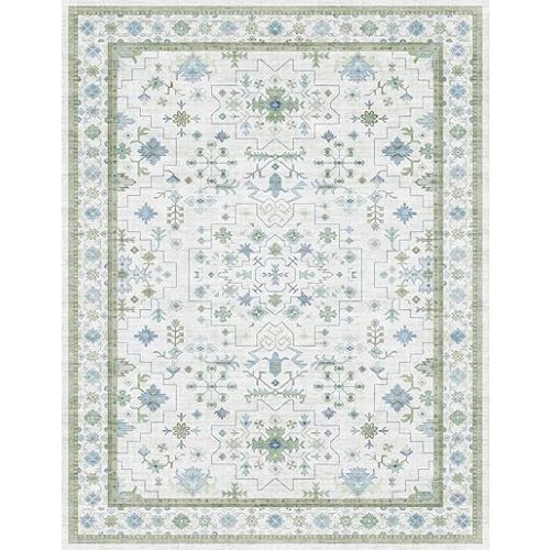 Cream Oushak 7x9 Bedroom Rug - Boho Floral Cool Blue and Green, Washable Low Pile Non-Slip Ultra-Thin Large Area Rugs for Playroom, Bed Room, Living Room