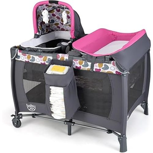 BABY JOY 5 in 1 Pack and Play, Portable Baby Playard w/Bassinet & Diaper Changing Table, Infant Nursery Center Pink Bassinet with Toys & Music & Oxford Bag for Baby Girl Toddlers (Rose, Dot Circle)