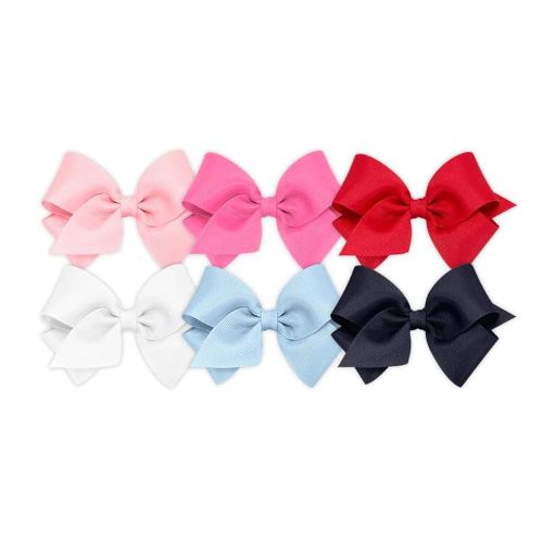 Wee Ones Girls' 6 Piece Set of Bows, Solid Grosgrain Variety Pack on a WeeStay No-Slip Hair Clip, Small, White, Millennium Blue, Navy, Light Pink, Hot Pink, Red