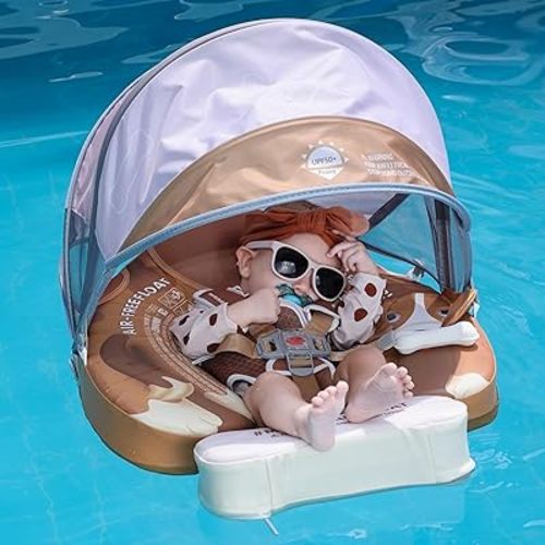 Mambobaby Float with Canopy Baby Float Non Inflatable for Pool, Upgraded Tail Baby Swim Float Soft Skin-friendly Material Infant Swimming Float Air Free Smart Trainer for Aged 3-24 Months, Puppy Brown