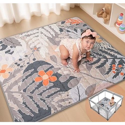 Baby Play Mat 50x50 Playpen Mat Non Slip Thick Cushioned Floor Mat for Crawling Toddlers Foldable Washable Soft Pad for Tummy Time Babies Boys Girls Carpet for Playpen Infant Mat Gym Area (Gray)