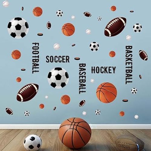 Basketball Football Soccer Sports Wall Stickers - Kids Baby Boys Wall Decals - Nursery Playroom Classroom Daycare Game Room Bedroom Home Wall Decor