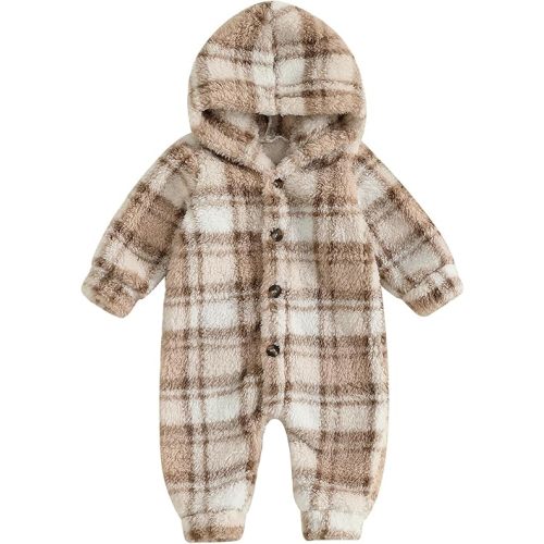 Baby Furry Jumpsuit Newborn Fleece Snowsuit Plaid/Butterfly Long Sleeve One-Piece Hooded Romper Winter Clothes