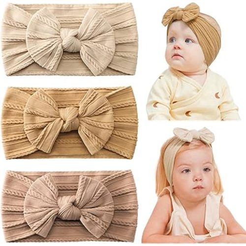 jollybows Baby Girl Headband Bows Nylon Head Wraps Newborn Hairbands Infant Toddler Hair Bow (2- Khaki Ginger Beige)