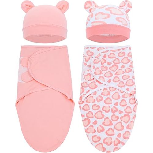 Cinaci 2 Pack Adjustable Soft Cotton Blend Newborn Baby Receiving Swaddle Blankets Sleep Sacks with Nursery Hats Caps Beanies Bonnets for Baby Girls Boys Newborns Infants