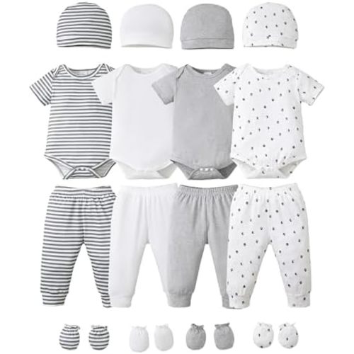 NZRVAWS Newborn Baby Boy Clothes Infant Romper Pants Set Hat 4-Pack Outfits 0-12 Months 16 Pieces Gift Toddler Girl Unisex