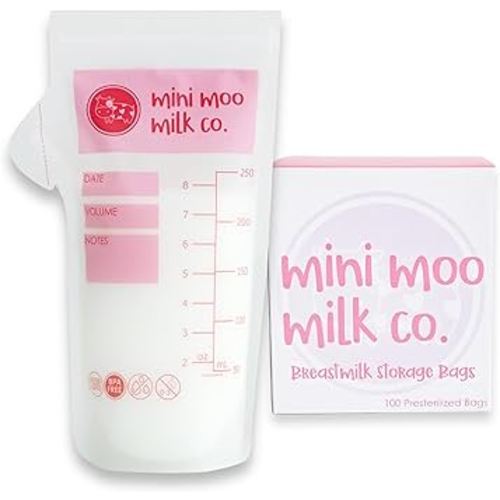 Breastmilk Storage Bags, 100 count, 8 Ounce, Leak-Proof Storage Bags with Easy Pour Spout, Extra Thick, Pre-Sterilized, Self-Standing Freezer Bags (Pink)