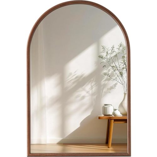 24"x36" Arch Wall Mirror for Wall, Wall Mounted Vanity Wood Mirror for Bedroom, Wood Mirror with Tempered Glass, Vintage Decorative for Bathroom, Entryway, Living Room, Hanging or Leaning, Walnut