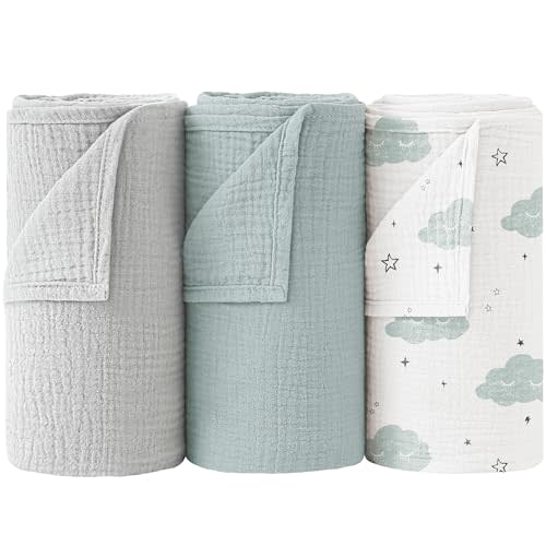 Bearmoss Muslin Swaddle Blankets, 40 x 38 inches Baby Swaddle for Boys and Girls, Soft Baby Blanket, 3 Pack Breathable Nursery Receiving Blankets (Cloud)