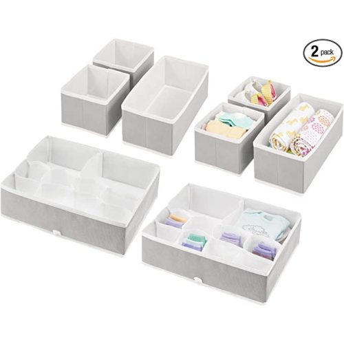 mDesign Fabric Drawer Organizer Bins, Kids/Baby Nursery Dresser, Closet, Shelf, Playroom Organization, Hold Clothes, Toys, Diapers, Bibs, Blankets, Jane Collection, Set of 4, 2 Pack - Stone Gray/White - Light Gray/White