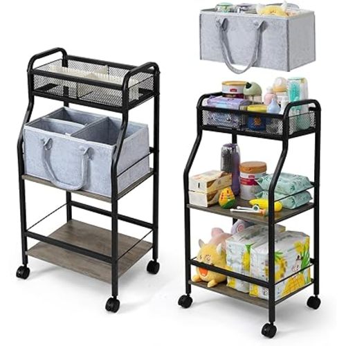 Baby Cart Organizer 3-Tier Rolling Diaper Cart Diaper Baby Caddy Organizer with Removable Dividers Large Capacity, Easy to Assemble, Storage for Bedroom, Changing Table & Crib