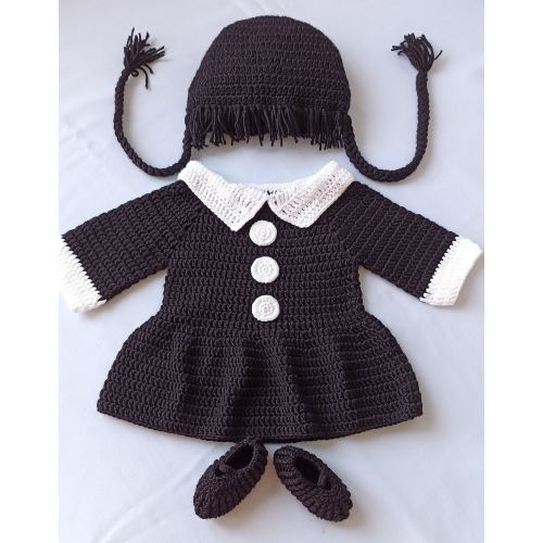 Crochet Wednesday Addams Set/Newborn Photography Prop/Infant Halloween Costume/Wednesday Addams Costume/Baby Shower Gift/Cake Smash Props
