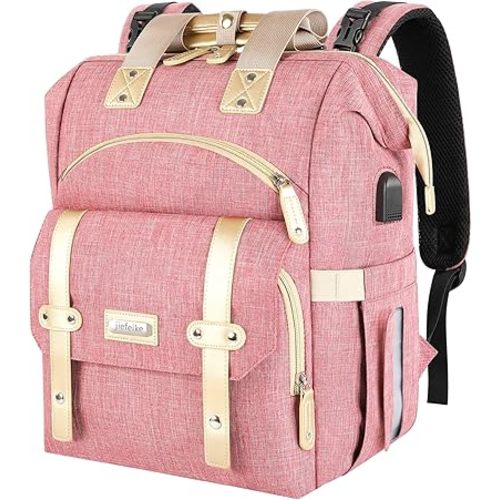 Jiefeike Diaper Bag Backpack, Pink Baby Girls Diaper Bag for Mom, Travel Baby Bags Backpack for Women, Insulated Pockets Portable toddler diaper bag with USB Charging Port, RFID Anti-Theft Pocket