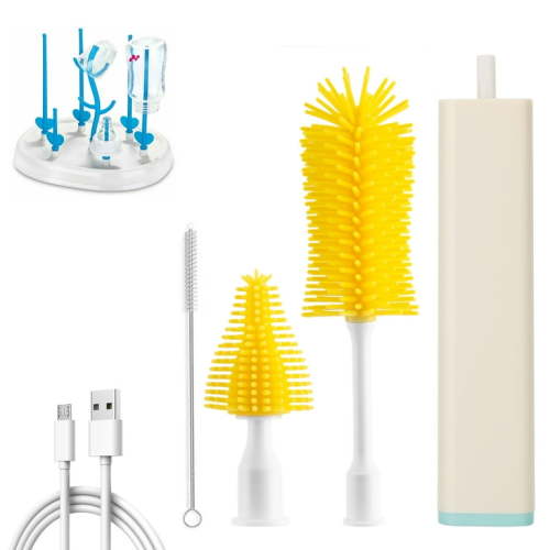 Nbpower Electric Bottle Brush Cleaner Set, Baby Bottle Brush with Baby Bottle Drying Rack & Straw Cleaner Brush, 360° Rotating Cleaning Baby Bottle Cleaner, Silicone Bottle Brush Set, Beige