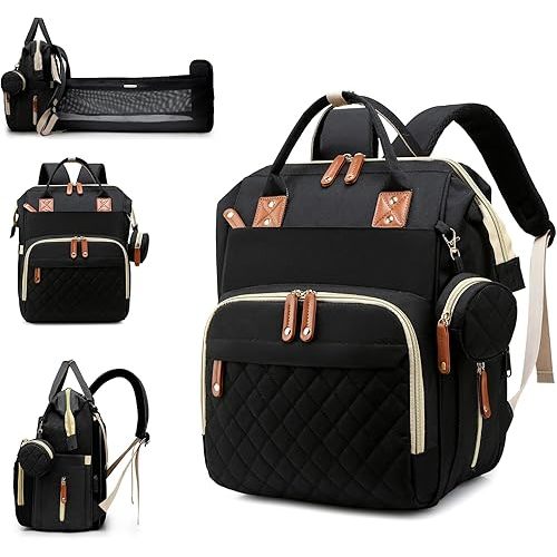 Diaper Bag with Changing Station, Waterproof 3 in 1 Baby Diaper Backpack with Foldable Changing Pad, Large Travel Back Pack for Baby Girl Boy, Baby essentials, Black