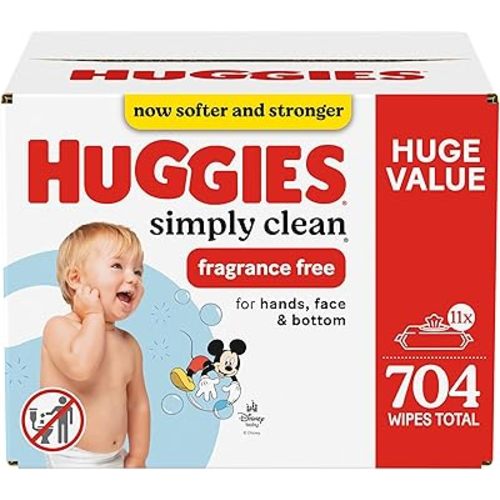 Huggies Simply Clean Fragrance-Free Baby Wipes, Unscented Diaper Wipes, 11 Flip-Top Packs (704 Wipes Total)