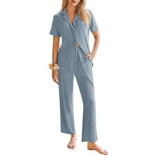 Ekouaer Womens Rib Knit Pajamas Button Up Lounge Sets Short Sleeve Top and Long Pants Matching Pjs Sleepwear Loungewear