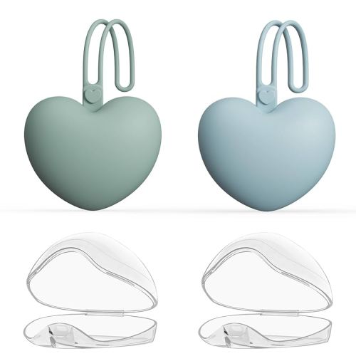 4pcs Pacifier Holder Case Set, 2pcs Silicone Portable Pacifier Pouch and 2pcs Transparent Pacifier Storage Container, Cute Heart Shape Pacifier Storage Case for Newborn Baby(Green+Blue)