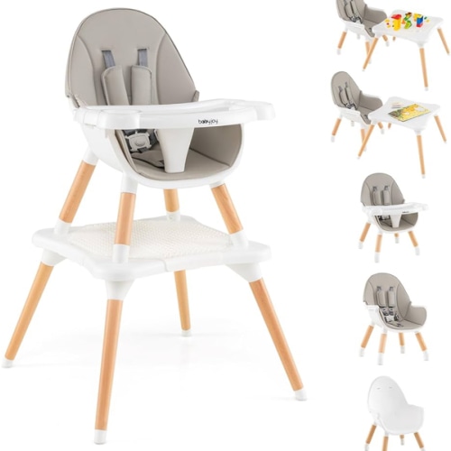 6 in 1 High Chair for Babies & Toddlers, Convertible Wooden Baby Highchair, Table and Chair Set, Baby Feeding Chair, 5-Point Adjustable Harness/4-Position Removable Tray& PU Seat Cushion(Grey)
