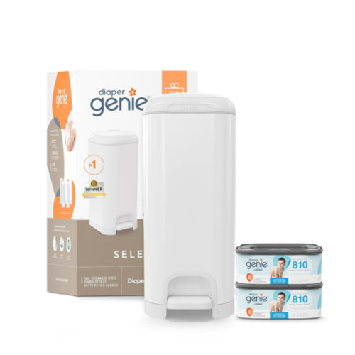 Diaper Genie Select Pail Registry Gift Set (White) | Made of Durable Stainless Steel Metal | Includes 2 Jumbo Refills | Holds 1620 Newborn Diapers
